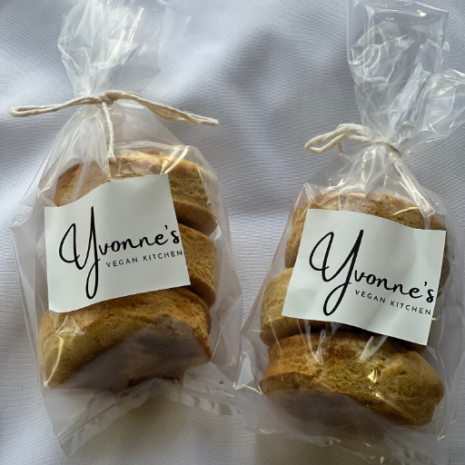 Two bags of vegan scones from Yvonne's Vegan Kitchen, tied with twine.