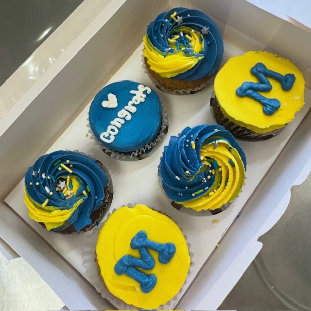 College Commitment Cupcakes with blue and yellow frosting, some with sprinkles and M shapes. 