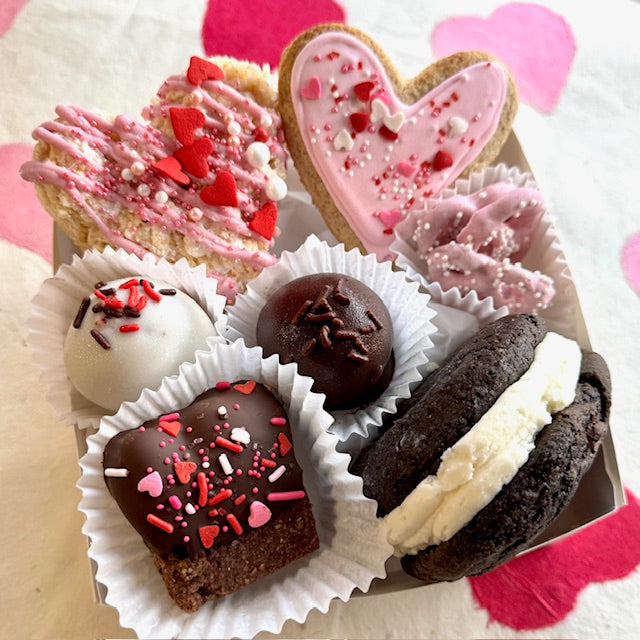 Small Valentine's Treat Box with heart cookies, chocolate truffles, and a whoopie pie.