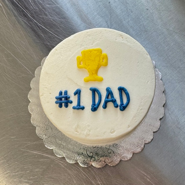 Five Father's Day Mini Cakes with various designs and messages for dads.