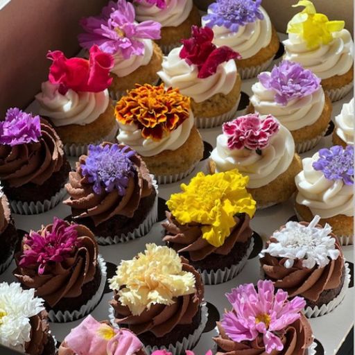 24 mini cupcakes with edible flowers in various colors, some with chocolate frosting.