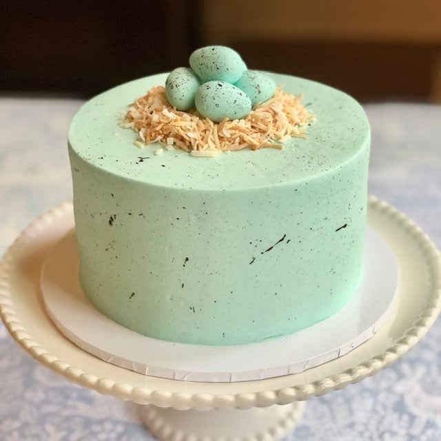Easter Speckled Blue Egg Nest Cake held by a person in a floral shirt.