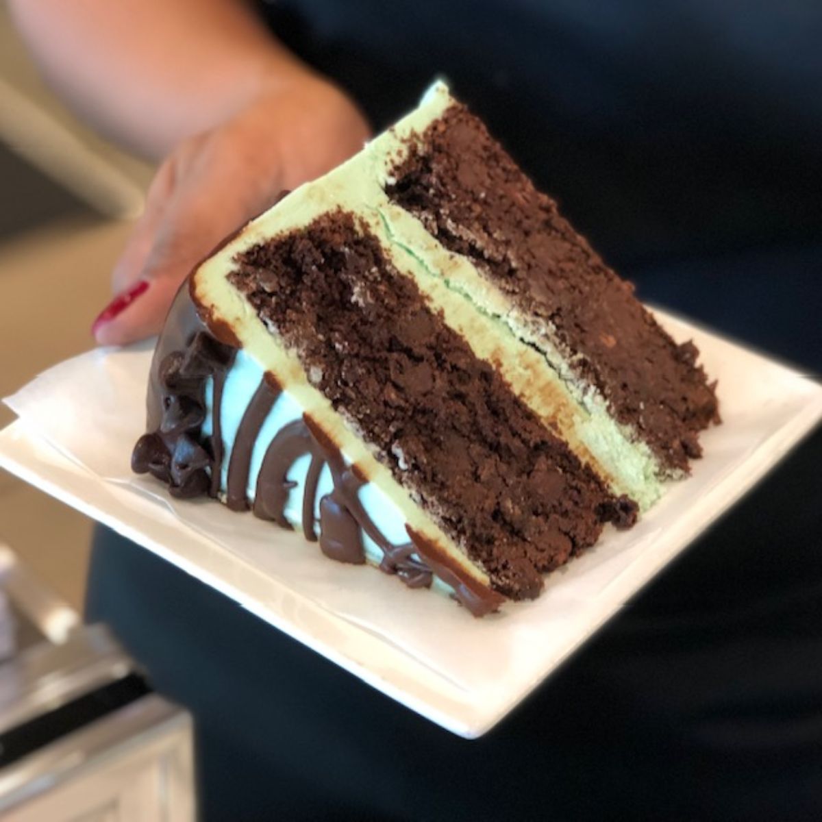 Slice of Chocolate Creme de Menthe Cake