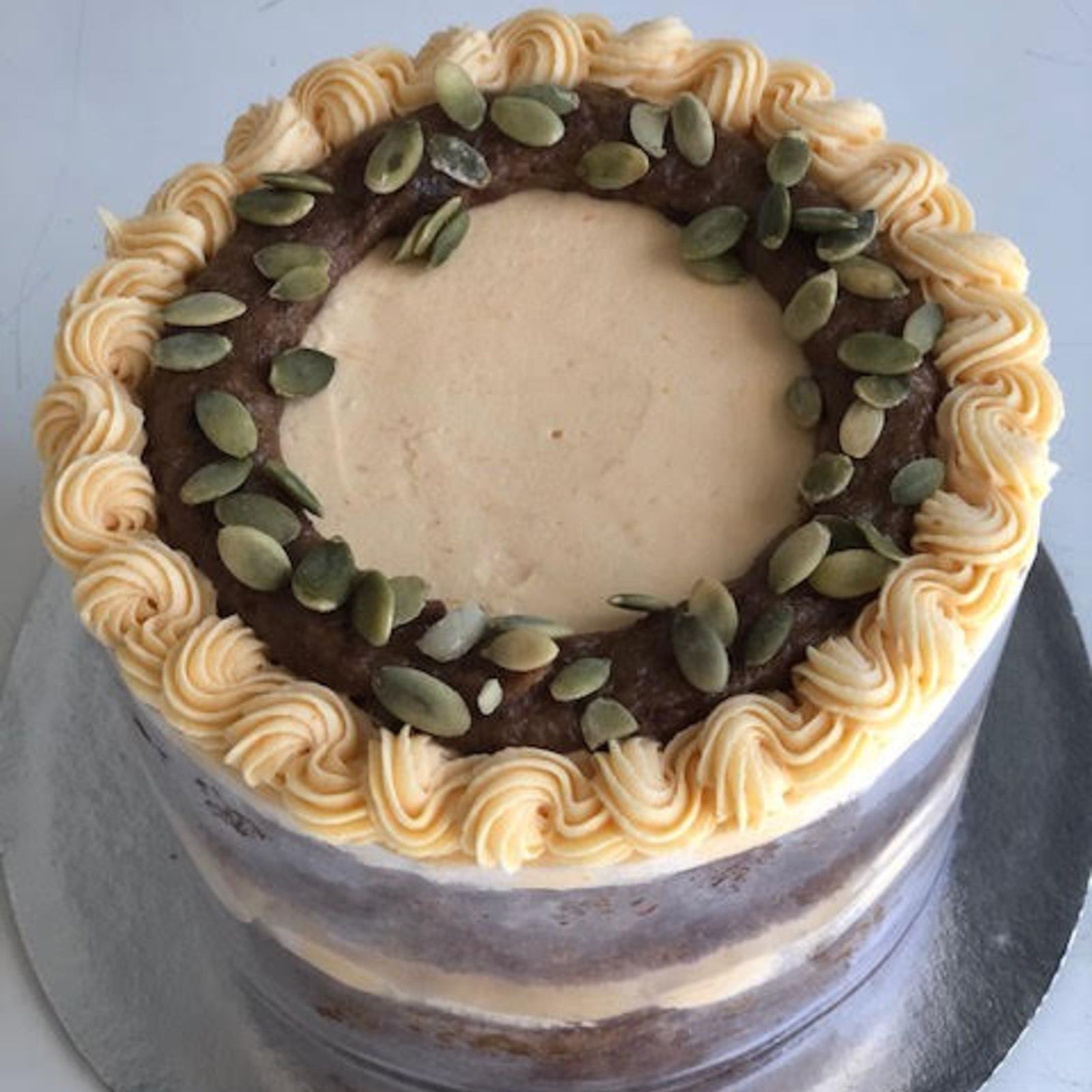 Naked Vanilla Spice Cake with Sunflower Date Caramel & Pumpkin Ganache
